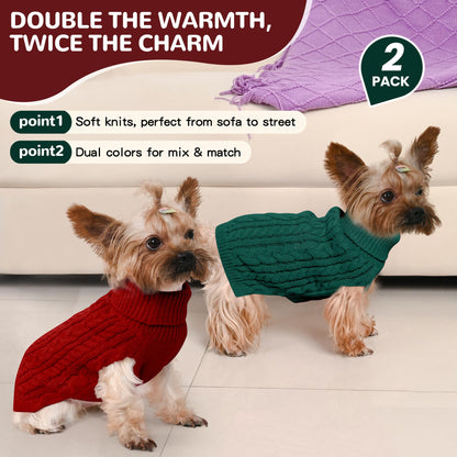 2 Pack Dog Sweaters for Small Dogs Winter Turtleneck Pullover Cable Knit Fleece Stretch Puppy Doggie Chihuahua Toy Poodle Yorkie Pomeranian Boy Girl Pet Clothes (S, Pink & Purple)