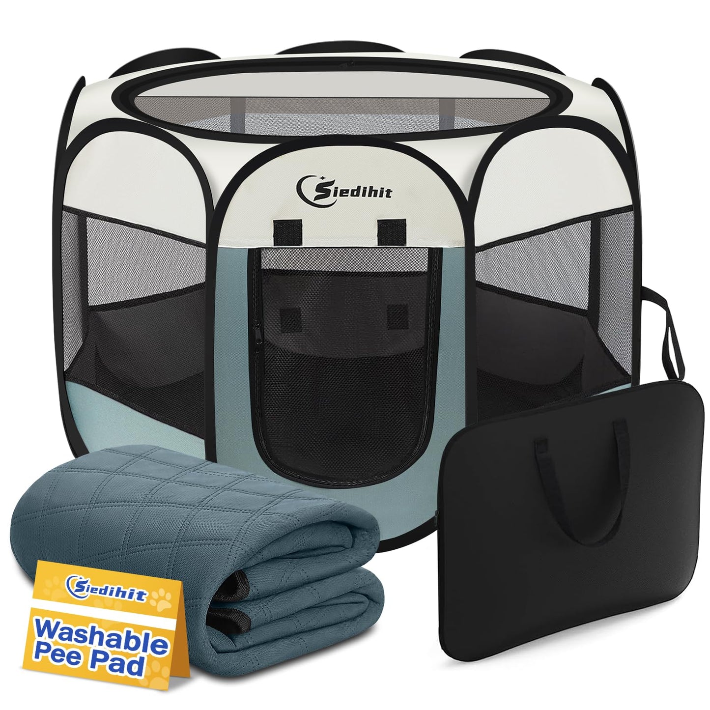 Siedihit Dog Cat Playpen, Puppy Pet Playpen Indoor for Small Dog Crate Tent Cage Outdoor, Portable Pop Up Dogs Enclosure Kennel with Carrying Case for Dogs/Cats/Rabbits(Grey, Small