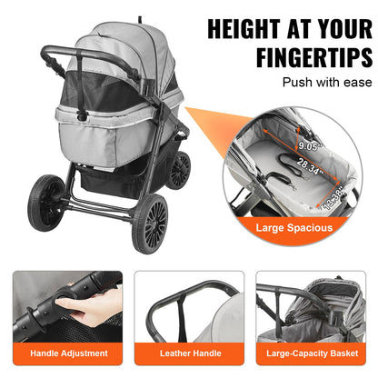 VEVOR Pet Stroller, 35 lbs Weight Capacity, Foldable Dog Stroller Cart, 4 Wheels Cats Strollers with with Detachable Carrier & Mesh Windows, Portable Design with Brake for Small to Medium Pets