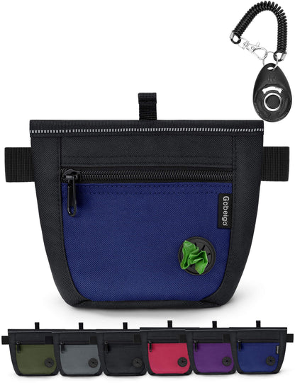 Gobeigo Dog Treat Pouch and Training Clicker, Upgrade Two Magnetic Closure to Prevent Spills, 2 Cup Treat Bag with Poop Bag Dispenser, Metal Clip Waist Belt Fanny Pack for Pet Walk (Black/Blue)