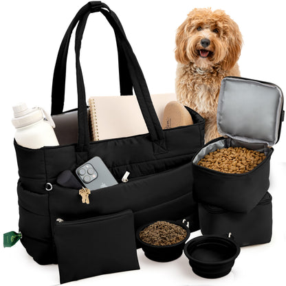 rubyloo Puffer Dog Travel Bag for Dog Moms – Doggy Diaper Bag with Pet Bowls & Food Storage or Everyday Puffy Tote – Doggy Mom Gifts for Women – Lightweight, Travel-Ready Gift for Pet Lovers – Beige