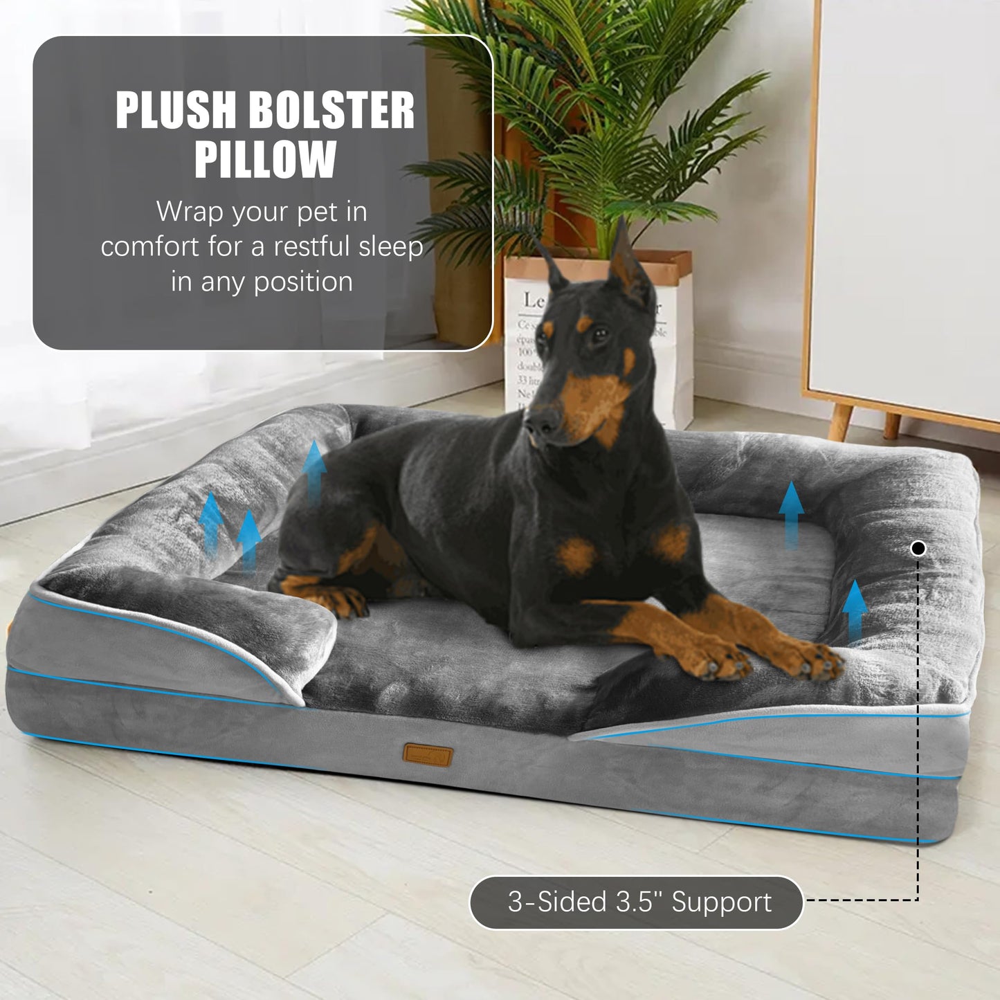 Orthopedic Dog Bed with Sides - Dog Sofa Beds for Medium Dogs, Supportive Foam Pet Couch Bed with Washable Removable Cover, Waterproof Lining and Non-Slip Bottom, Grey - M