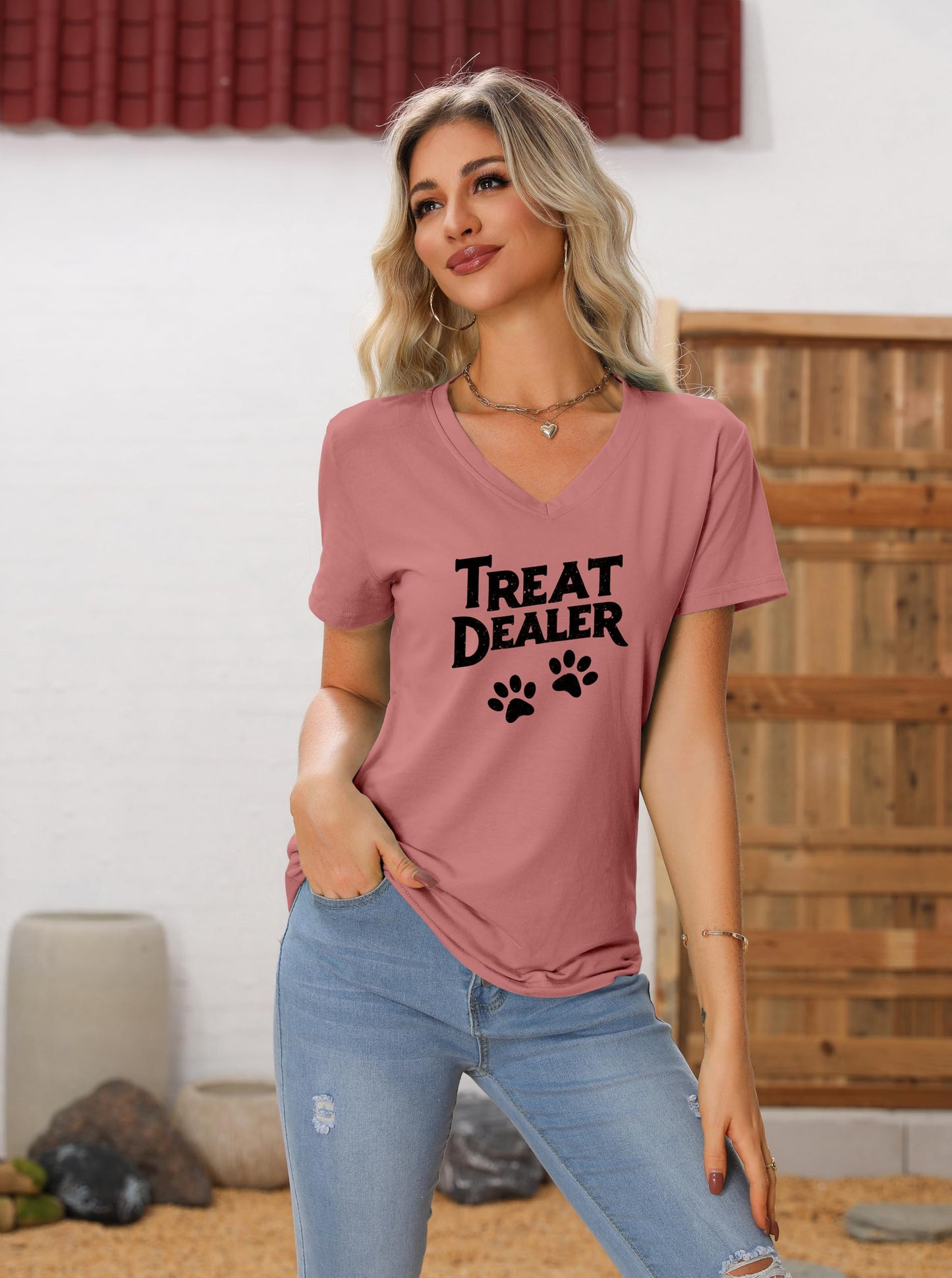 Treat Dealer T Shirt Women, V Neck Short Sleeve Tops Cute Dog Paw Print Graphic Tees Funny Humor Dog Owner Shirts