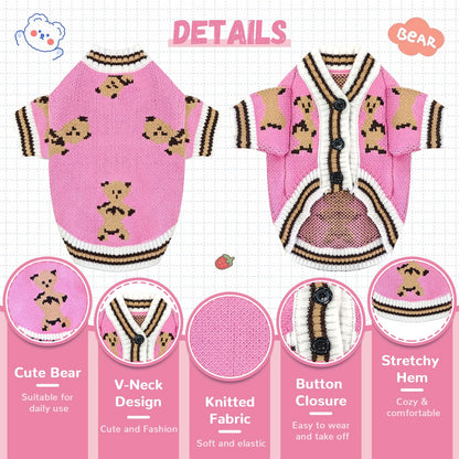 ABRRLO Small Dog Sweaters Cute Bear Dog Cardigans Clothes for Small Medium Dogs Boy Girl Puppy Cat Knitting Cardigan Outfits Dogs Autumn Coats Warm Pet Doggy Clothes Soft Knitwear Apparel (Beige,M)