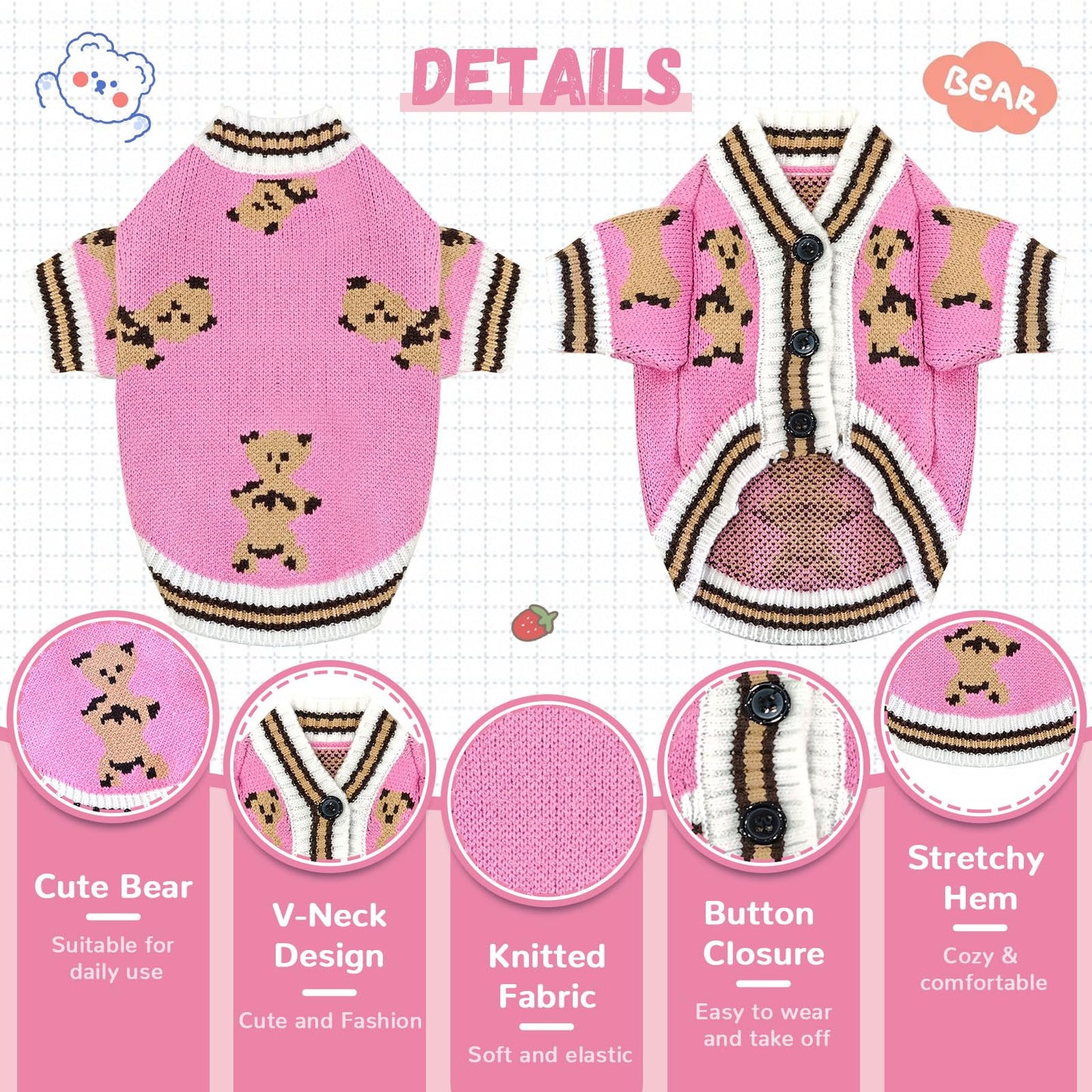 ABRRLO Small Dog Sweaters Cute Bear Dog Cardigans Clothes for Small Medium Dogs Boy Girl Puppy Cat Knitting Cardigan Outfits Dogs Autumn Coats Warm Pet Doggy Clothes Soft Knitwear Apparel (Beige,M)