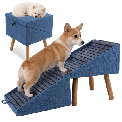 17.13" H Dog Stairs for Small Dogs, 2-in-1 Pet Steps & Ottoman - Foldable Dog Stairs for Couch, Non-Slip Wooden Pet Stairs for Puppy Senior Injured Dogs (Black)