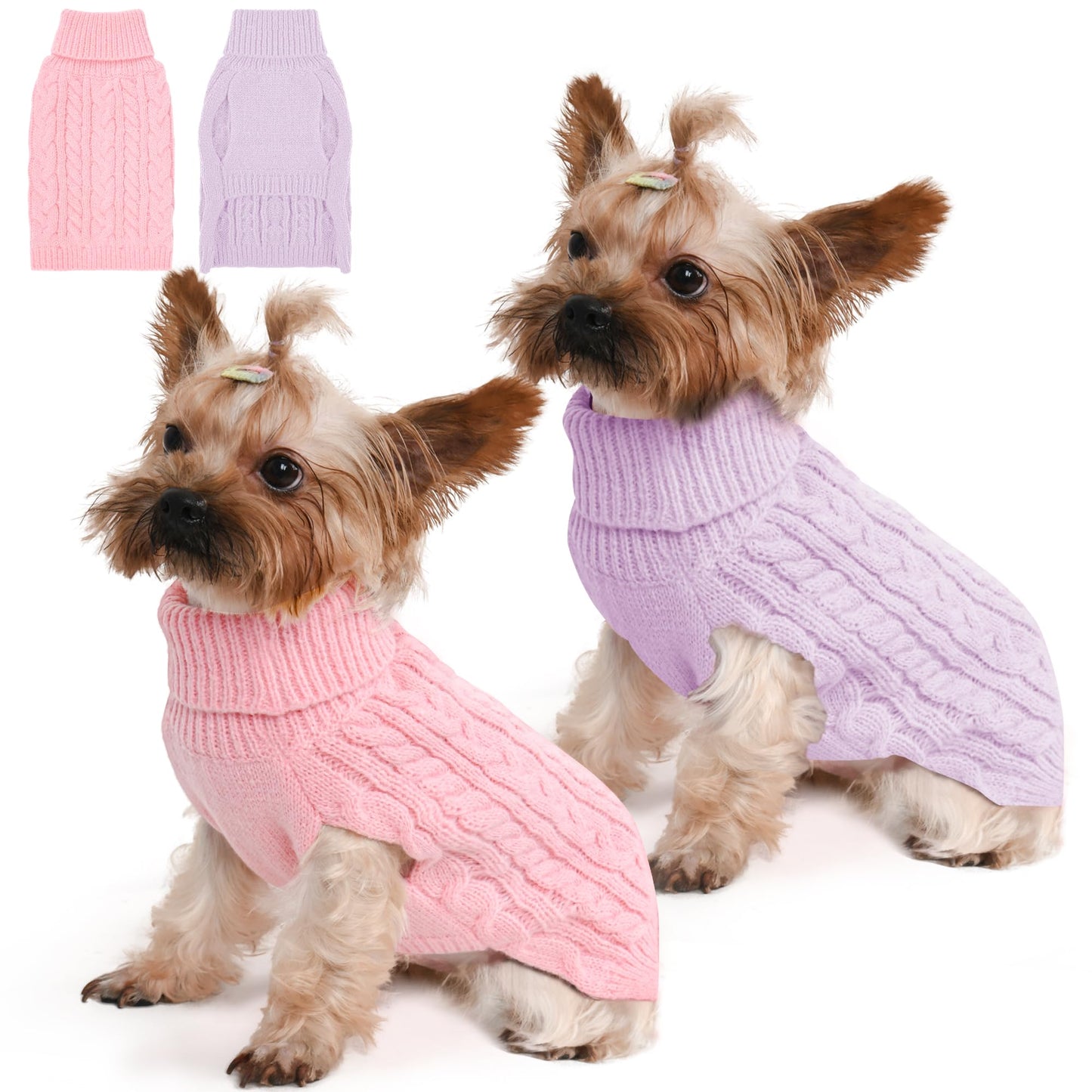 2 Pack Dog Sweaters for Small Dogs Winter Turtleneck Pullover Cable Knit Fleece Stretch Puppy Doggie Chihuahua Toy Poodle Yorkie Pomeranian Boy Girl Pet Clothes (S, Pink & Purple)