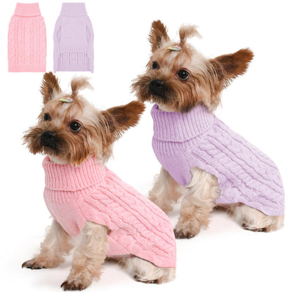 2 Pack Dog Sweaters for Small Dogs Winter Turtleneck Pullover Cable Knit Fleece Stretch Puppy Doggie Chihuahua Toy Poodle Yorkie Pomeranian Boy Girl Pet Clothes (S, Pink & Purple)