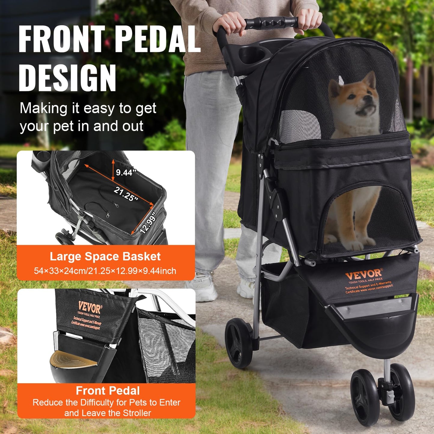 VEVOR Pet Stroller, 35 lbs Weight Capacity, Foldable Dog Stroller Cart, 4 Wheels Cats Strollers with with Detachable Carrier & Mesh Windows, Portable Design with Brake for Small to Medium Pets