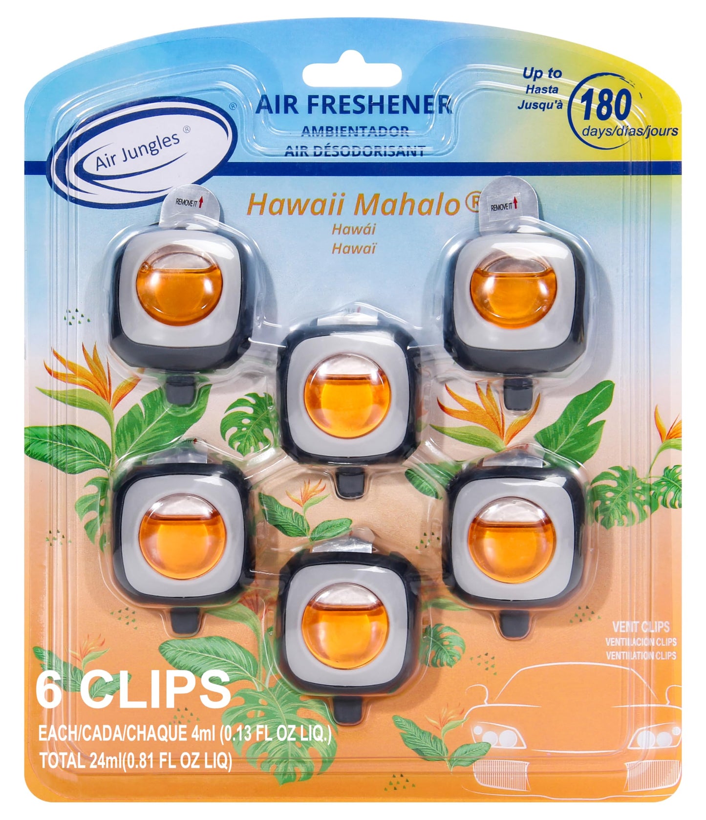 Air Jungles New Car Scent Car Air Freshener Vent Clip, 6 Count Long Lasting Up to 180 days, Natural Essential Oil Car Fragrance for Women and Men, Odor Eliminator - 4ml Each