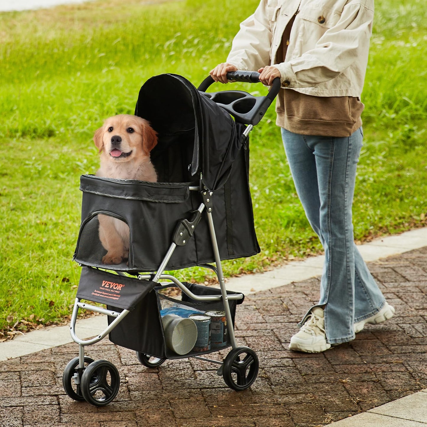 VEVOR Pet Stroller, 35 lbs Weight Capacity, Foldable Dog Stroller Cart, 4 Wheels Cats Strollers with with Detachable Carrier & Mesh Windows, Portable Design with Brake for Small to Medium Pets