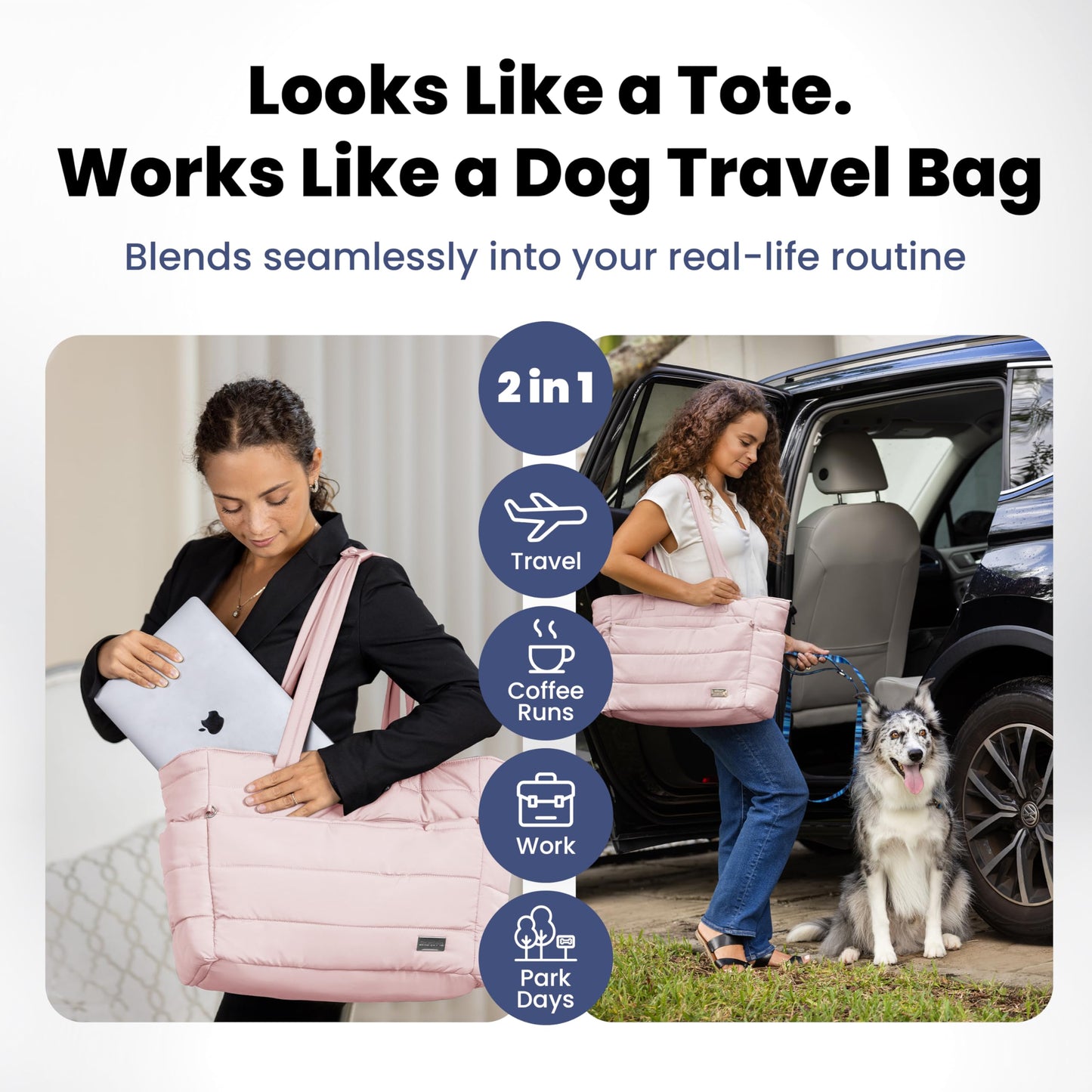 rubyloo Puffer Dog Travel Bag for Dog Moms – Doggy Diaper Bag with Pet Bowls & Food Storage or Everyday Puffy Tote – Doggy Mom Gifts for Women – Lightweight, Travel-Ready Gift for Pet Lovers – Beige