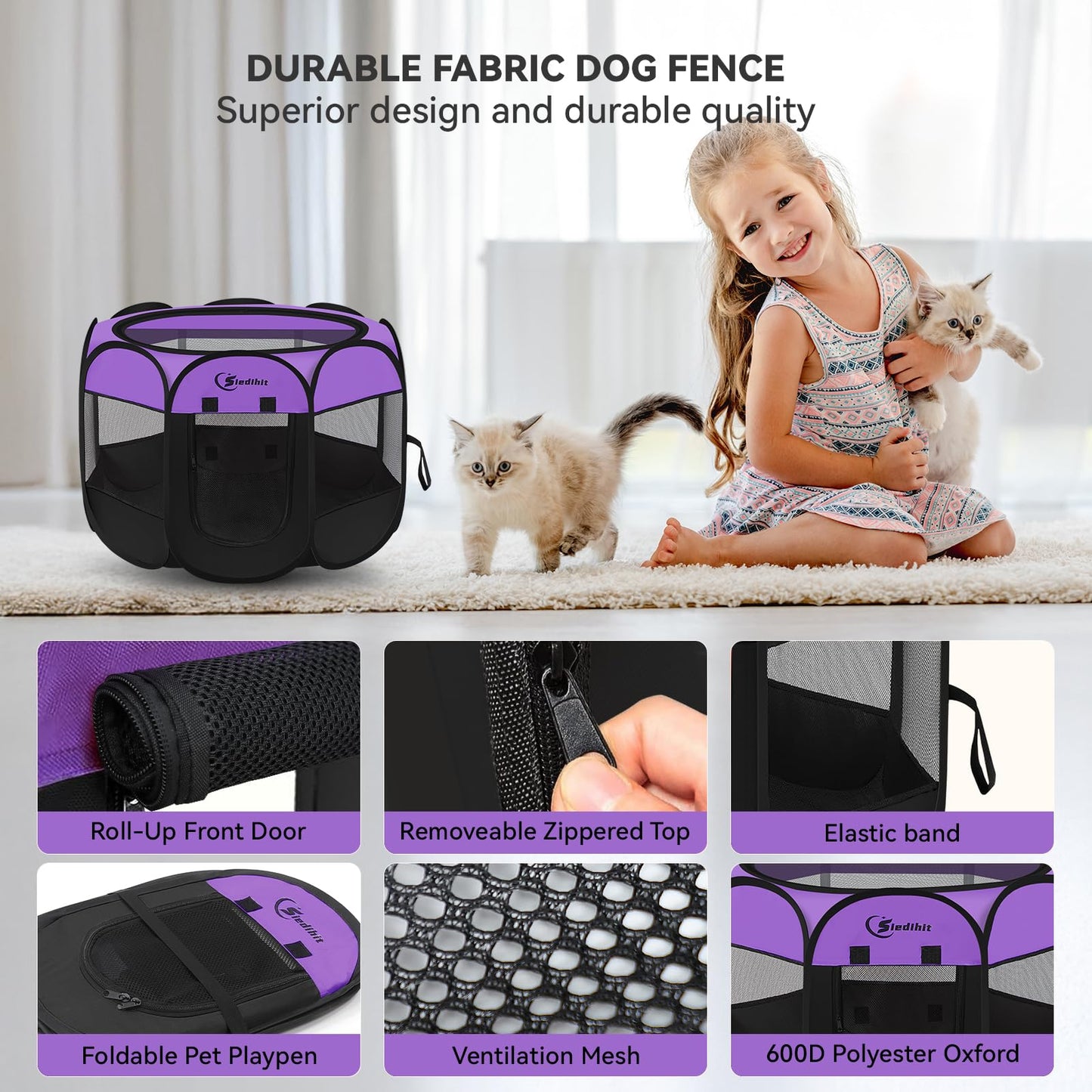 Siedihit Dog Cat Playpen, Puppy Pet Playpen Indoor for Small Dog Crate Tent Cage Outdoor, Portable Pop Up Dogs Enclosure Kennel with Carrying Case for Dogs/Cats/Rabbits(Grey, Small