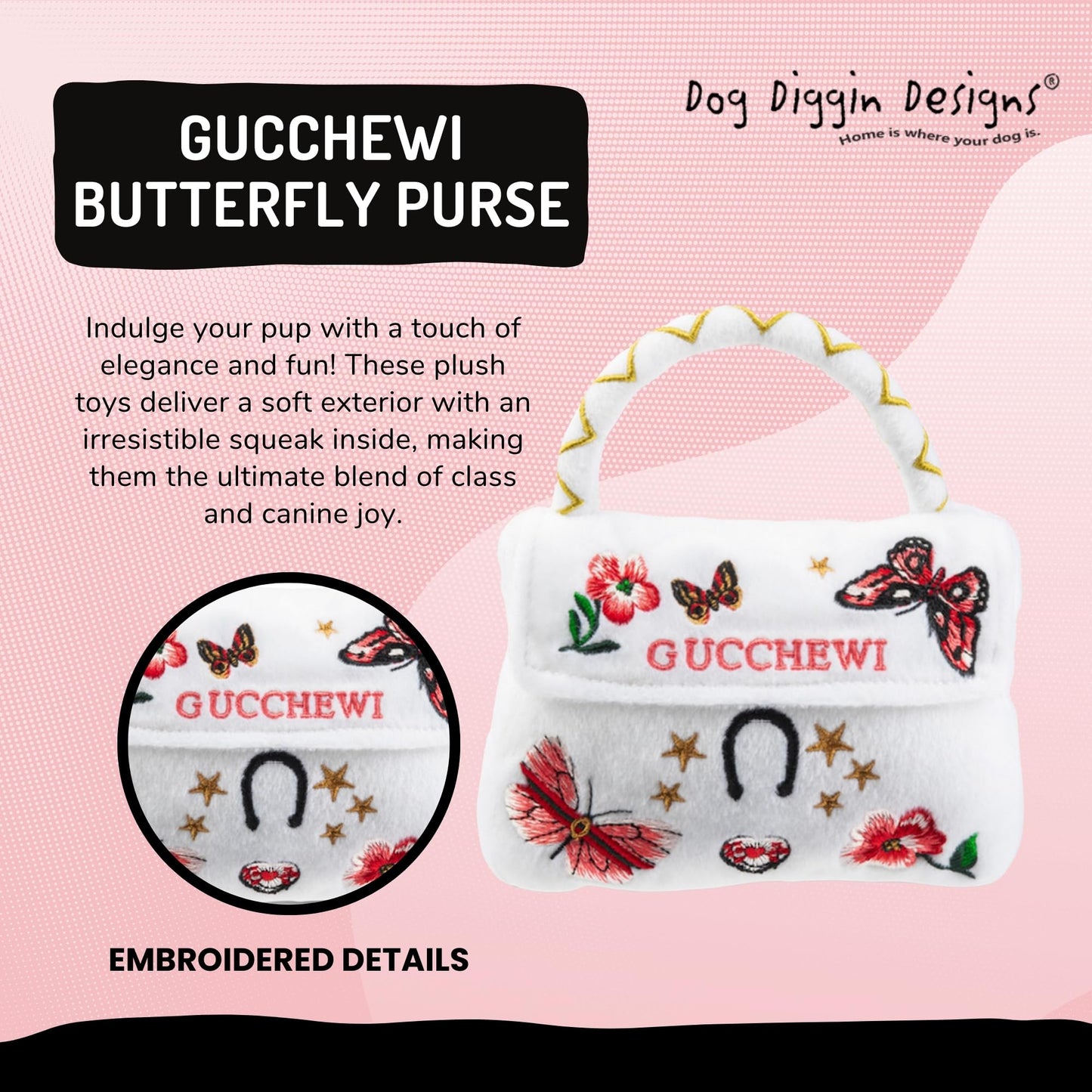 Diggin Designs Sniffany & Co Squeaky Plush Dog Toy Purse | Luxury-Inspired Parody Designer Handbag with Built-in Squeaker, Soft Plush Fashion Dog Toy – Haute Couture Purses & Handbags