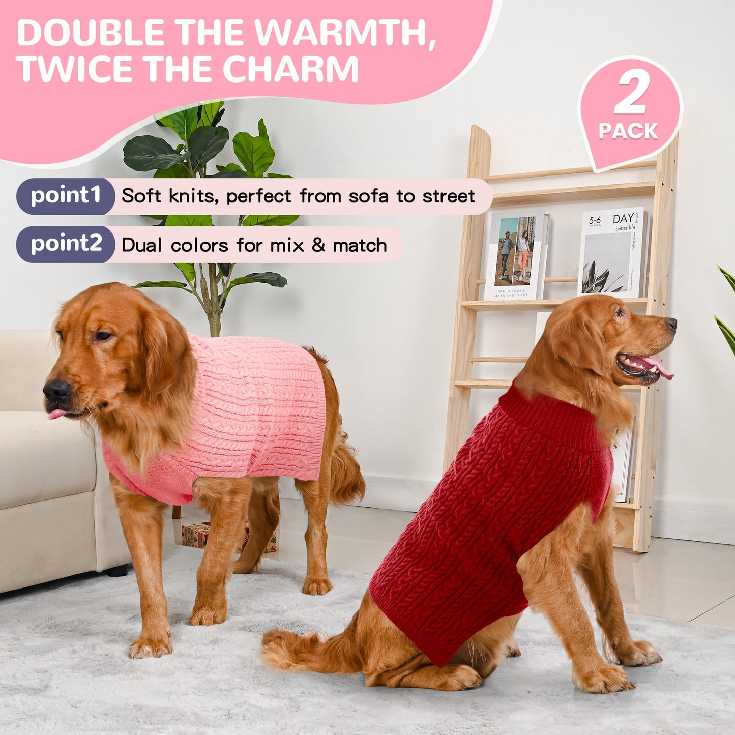 2 Pack Dog Sweaters for Small Dogs Winter Turtleneck Pullover Cable Knit Fleece Stretch Puppy Doggie Chihuahua Toy Poodle Yorkie Pomeranian Boy Girl Pet Clothes (S, Pink & Purple)