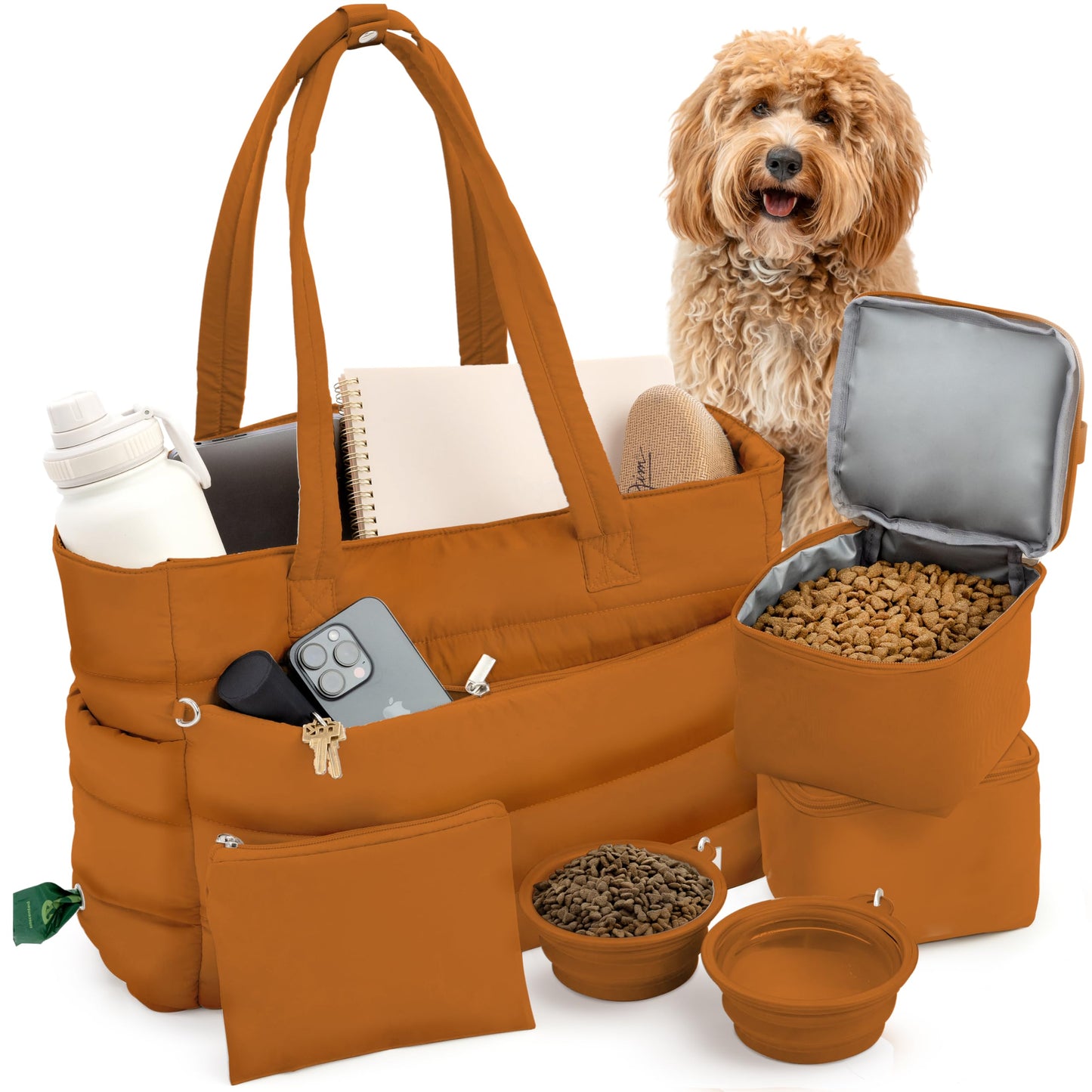 rubyloo Puffer Dog Travel Bag for Dog Moms – Doggy Diaper Bag with Pet Bowls & Food Storage or Everyday Puffy Tote – Doggy Mom Gifts for Women – Lightweight, Travel-Ready Gift for Pet Lovers – Beige