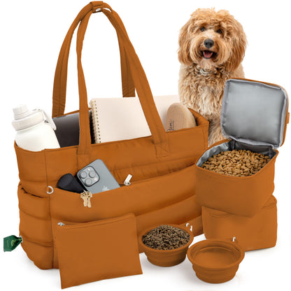 rubyloo Puffer Dog Travel Bag for Dog Moms – Doggy Diaper Bag with Pet Bowls & Food Storage or Everyday Puffy Tote – Doggy Mom Gifts for Women – Lightweight, Travel-Ready Gift for Pet Lovers – Beige