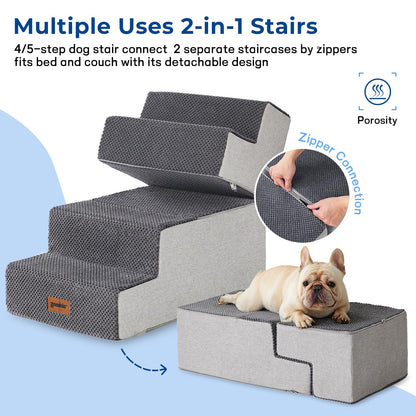 Dog Stairs for Small Dogs - Pet Stairs 2 in 1 with Zippers Suitable for Couch and Bed, 35D Foam Dog Steps with Non Slip Bottom Grey 4 Steps, Beige