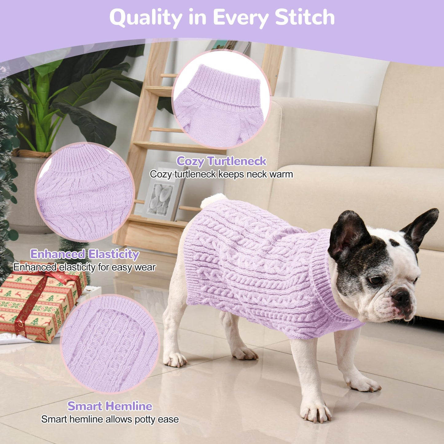 2 Pack Dog Sweaters for Small Dogs Winter Turtleneck Pullover Cable Knit Fleece Stretch Puppy Doggie Chihuahua Toy Poodle Yorkie Pomeranian Boy Girl Pet Clothes (S, Pink & Purple)