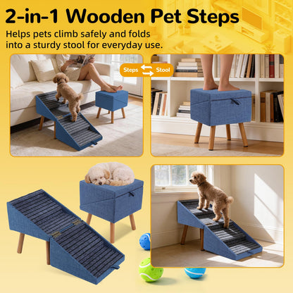17.13" H Dog Stairs for Small Dogs, 2-in-1 Pet Steps & Ottoman - Foldable Dog Stairs for Couch, Non-Slip Wooden Pet Stairs for Puppy Senior Injured Dogs (Black)