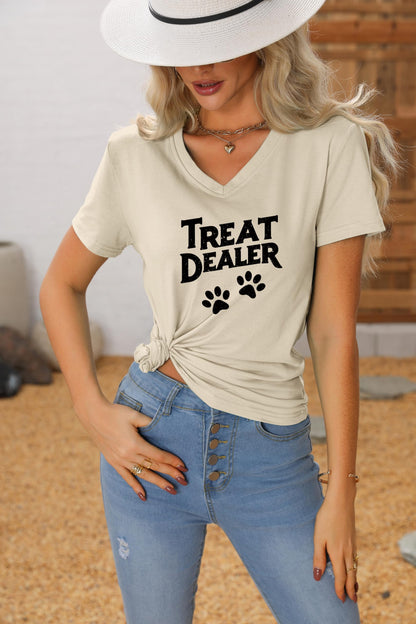 Treat Dealer T Shirt Women, V Neck Short Sleeve Tops Cute Dog Paw Print Graphic Tees Funny Humor Dog Owner Shirts