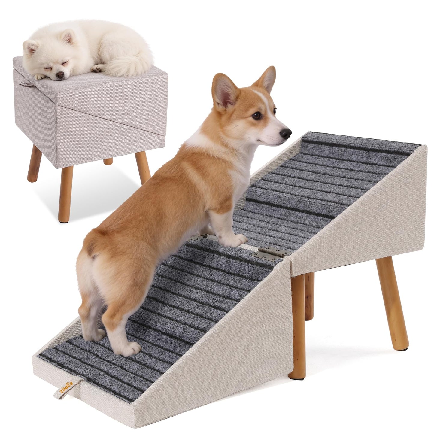 17.13" H Dog Stairs for Small Dogs, 2-in-1 Pet Steps & Ottoman - Foldable Dog Stairs for Couch, Non-Slip Wooden Pet Stairs for Puppy Senior Injured Dogs (Black)