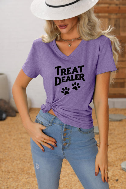 Treat Dealer T Shirt Women, V Neck Short Sleeve Tops Cute Dog Paw Print Graphic Tees Funny Humor Dog Owner Shirts