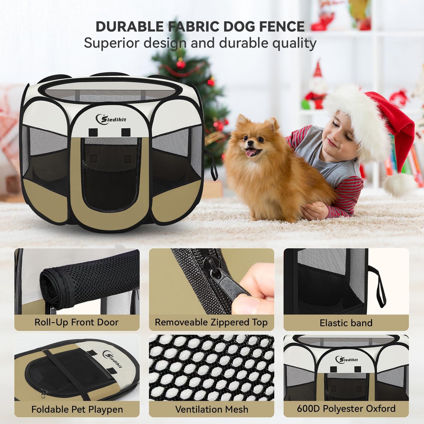 Siedihit Dog Cat Playpen, Puppy Pet Playpen Indoor for Small Dog Crate Tent Cage Outdoor, Portable Pop Up Dogs Enclosure Kennel with Carrying Case for Dogs/Cats/Rabbits(Grey, Small