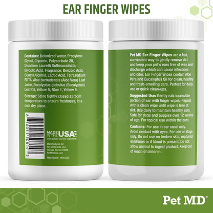 Pet MD Dog Ear Cleaning Wipes – Otic Cleanser for Dogs, Soothing Ear Care with Aloe Vera & Eucalyptus, Regular Wipes, 100 Count