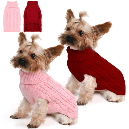 2 Pack Dog Sweaters for Small Dogs Winter Turtleneck Pullover Cable Knit Fleece Stretch Puppy Doggie Chihuahua Toy Poodle Yorkie Pomeranian Boy Girl Pet Clothes (S, Pink & Purple)