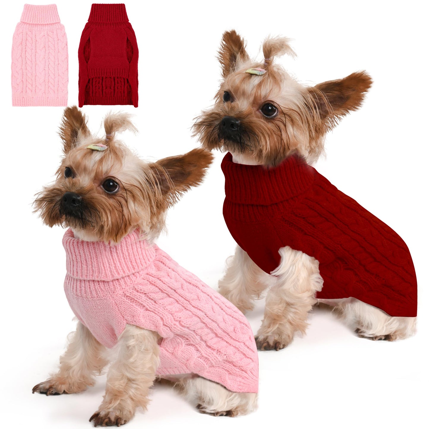 2 Pack Dog Sweaters for Small Dogs Winter Turtleneck Pullover Cable Knit Fleece Stretch Puppy Doggie Chihuahua Toy Poodle Yorkie Pomeranian Boy Girl Pet Clothes (S, Pink & Purple)