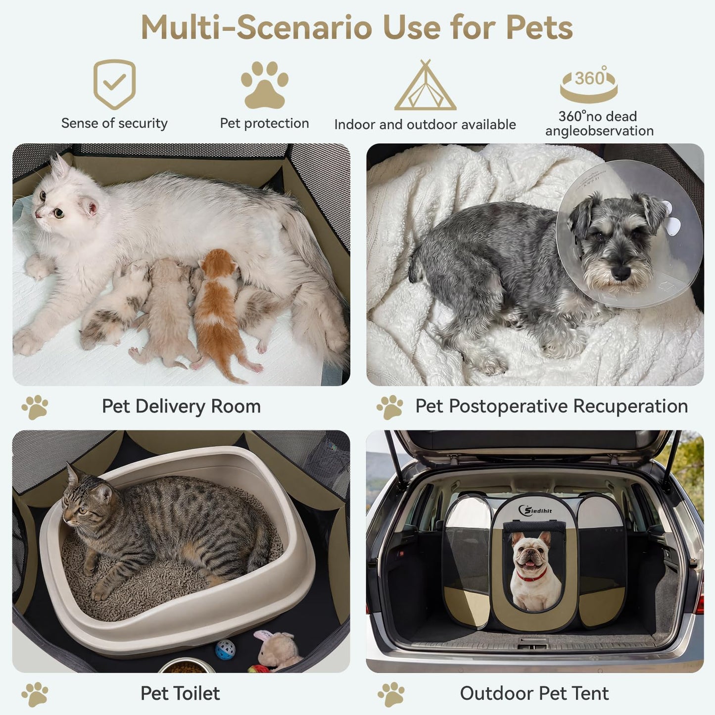 Siedihit Dog Cat Playpen, Puppy Pet Playpen Indoor for Small Dog Crate Tent Cage Outdoor, Portable Pop Up Dogs Enclosure Kennel with Carrying Case for Dogs/Cats/Rabbits(Grey, Small