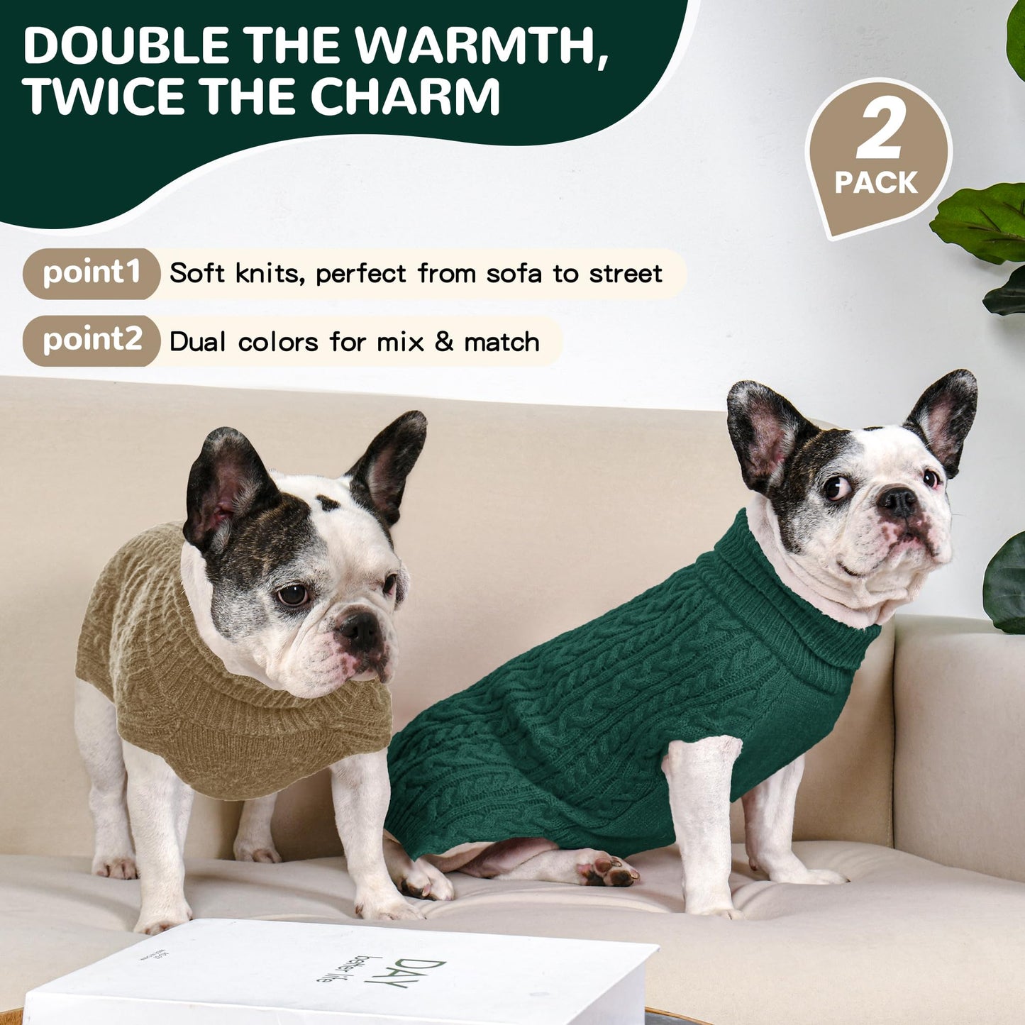2 Pack Dog Sweaters for Small Dogs Winter Turtleneck Pullover Cable Knit Fleece Stretch Puppy Doggie Chihuahua Toy Poodle Yorkie Pomeranian Boy Girl Pet Clothes (S, Pink & Purple)