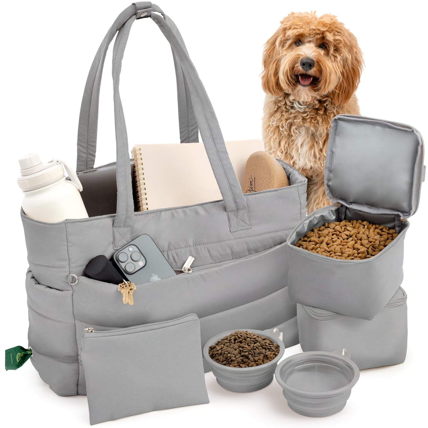 rubyloo Puffer Dog Travel Bag for Dog Moms – Doggy Diaper Bag with Pet Bowls & Food Storage or Everyday Puffy Tote – Doggy Mom Gifts for Women – Lightweight, Travel-Ready Gift for Pet Lovers – Beige