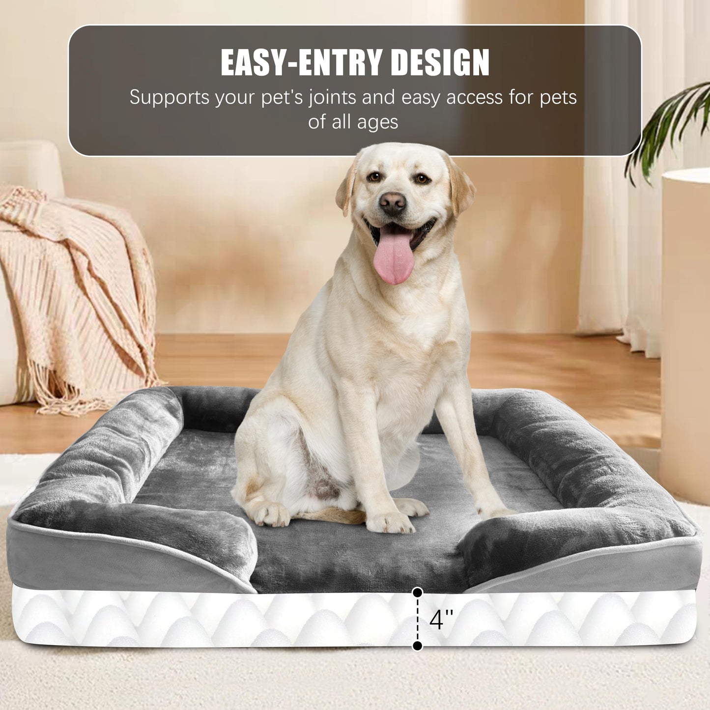 Orthopedic Dog Bed with Sides - Dog Sofa Beds for Medium Dogs, Supportive Foam Pet Couch Bed with Washable Removable Cover, Waterproof Lining and Non-Slip Bottom, Grey - M