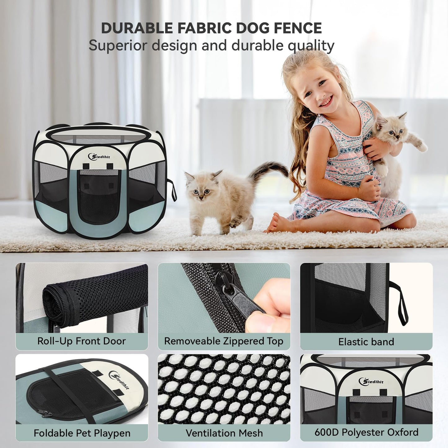 Siedihit Dog Cat Playpen, Puppy Pet Playpen Indoor for Small Dog Crate Tent Cage Outdoor, Portable Pop Up Dogs Enclosure Kennel with Carrying Case for Dogs/Cats/Rabbits(Grey, Small