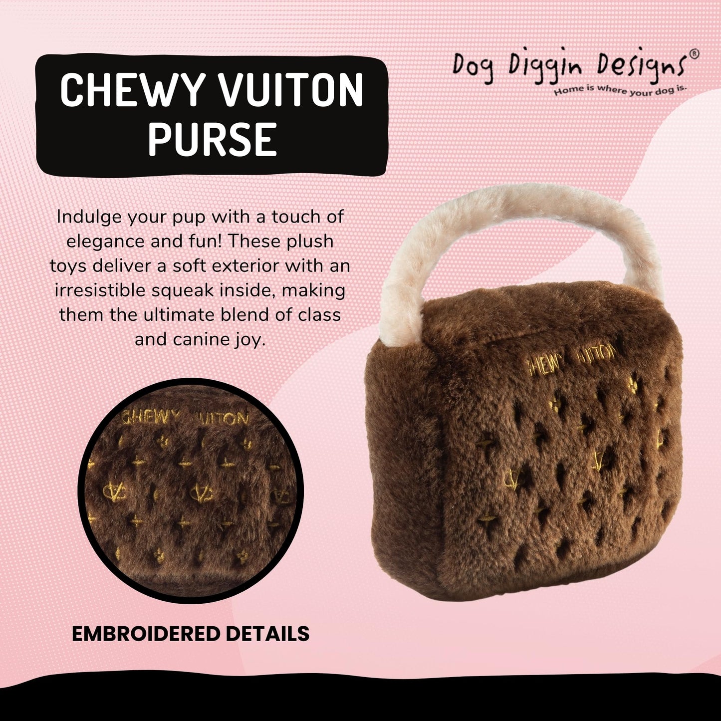 Diggin Designs Sniffany & Co Squeaky Plush Dog Toy Purse | Luxury-Inspired Parody Designer Handbag with Built-in Squeaker, Soft Plush Fashion Dog Toy – Haute Couture Purses & Handbags