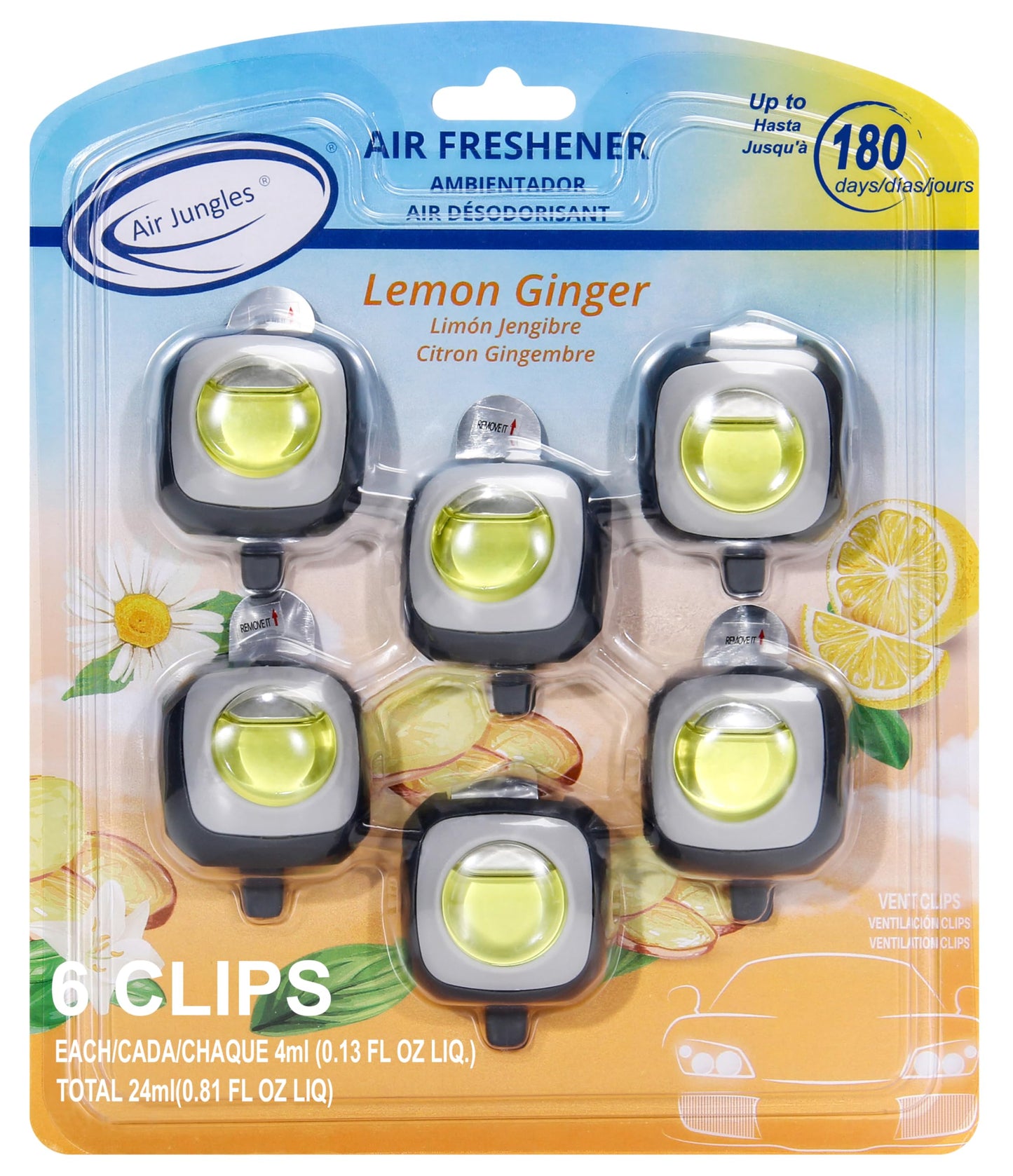 Air Jungles New Car Scent Car Air Freshener Vent Clip, 6 Count Long Lasting Up to 180 days, Natural Essential Oil Car Fragrance for Women and Men, Odor Eliminator - 4ml Each