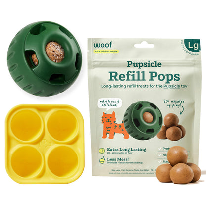 WOOF Starter Pack - Interactive Dog Ball Toy for Boredom - Dog Treat Molds Silicone - Chicken-Flavored Healthy Treats for Dogs - Pupsicle Doggy Enrichment Toy - for Large Pups - 25-75 lbs