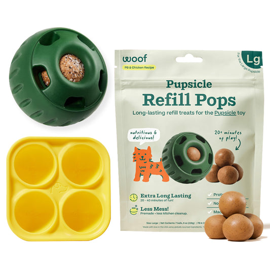 WOOF Starter Pack - Interactive Dog Ball Toy for Boredom - Dog Treat Molds Silicone - Chicken-Flavored Healthy Treats for Dogs - Pupsicle Doggy Enrichment Toy - for Large Pups - 25-75 lbs