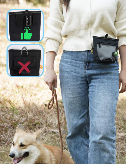 Gobeigo Dog Treat Pouch and Training Clicker, Upgrade Two Magnetic Closure to Prevent Spills, 2 Cup Treat Bag with Poop Bag Dispenser, Metal Clip Waist Belt Fanny Pack for Pet Walk (Black/Blue)