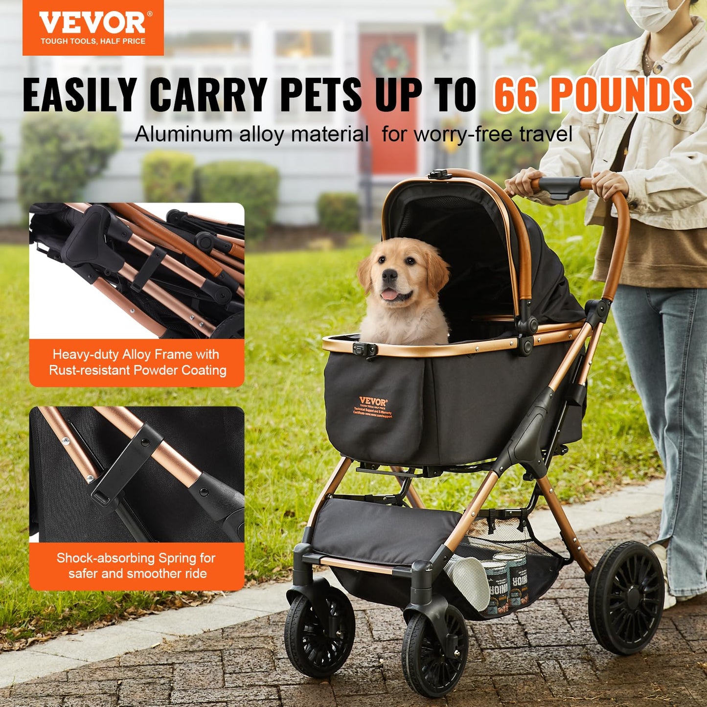 VEVOR Pet Stroller, 35 lbs Weight Capacity, Foldable Dog Stroller Cart, 4 Wheels Cats Strollers with with Detachable Carrier & Mesh Windows, Portable Design with Brake for Small to Medium Pets