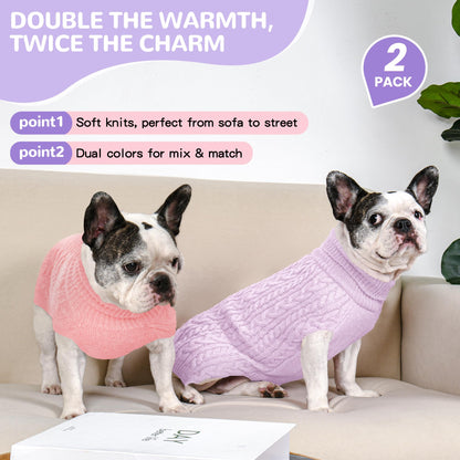 2 Pack Dog Sweaters for Small Dogs Winter Turtleneck Pullover Cable Knit Fleece Stretch Puppy Doggie Chihuahua Toy Poodle Yorkie Pomeranian Boy Girl Pet Clothes (S, Pink & Purple)