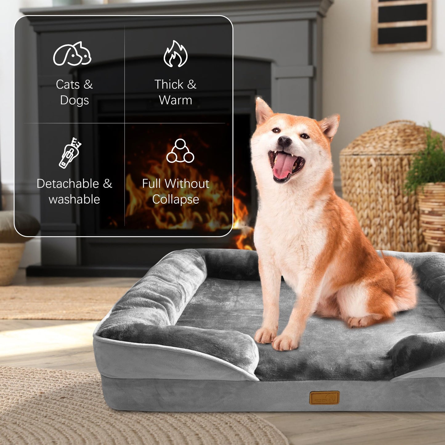 Orthopedic Dog Bed with Sides - Dog Sofa Beds for Medium Dogs, Supportive Foam Pet Couch Bed with Washable Removable Cover, Waterproof Lining and Non-Slip Bottom, Grey - M