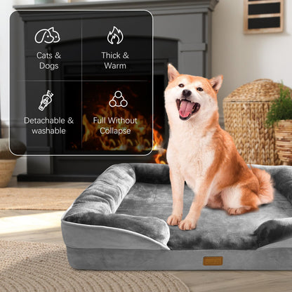 Orthopedic Dog Bed with Sides - Dog Sofa Beds for Medium Dogs, Supportive Foam Pet Couch Bed with Washable Removable Cover, Waterproof Lining and Non-Slip Bottom, Grey - M