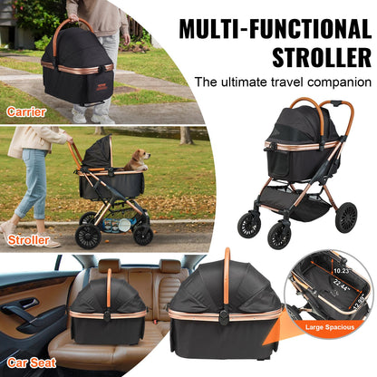 VEVOR Pet Stroller, 35 lbs Weight Capacity, Foldable Dog Stroller Cart, 4 Wheels Cats Strollers with with Detachable Carrier & Mesh Windows, Portable Design with Brake for Small to Medium Pets