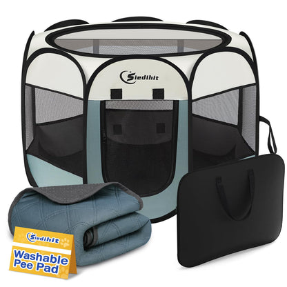 Siedihit Dog Cat Playpen, Puppy Pet Playpen Indoor for Small Dog Crate Tent Cage Outdoor, Portable Pop Up Dogs Enclosure Kennel with Carrying Case for Dogs/Cats/Rabbits(Grey, Small