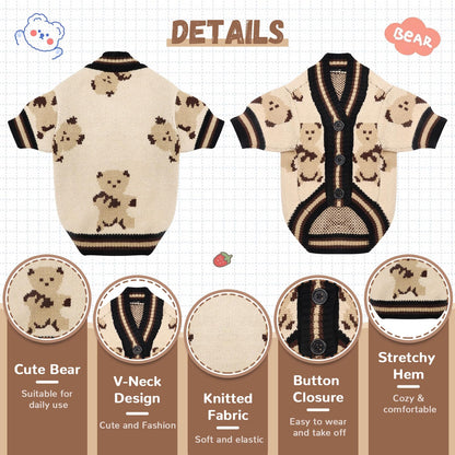 ABRRLO Small Dog Sweaters Cute Bear Dog Cardigans Clothes for Small Medium Dogs Boy Girl Puppy Cat Knitting Cardigan Outfits Dogs Autumn Coats Warm Pet Doggy Clothes Soft Knitwear Apparel (Beige,M)