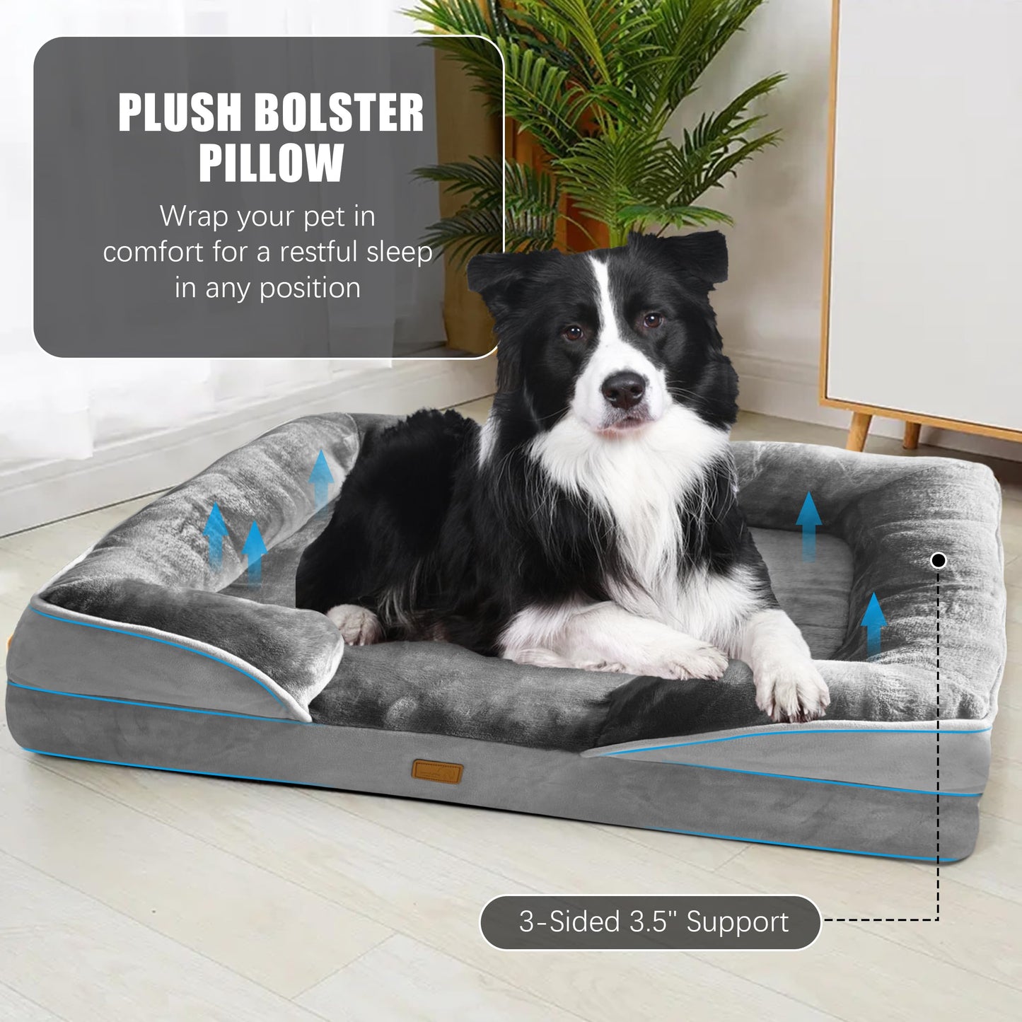Orthopedic Dog Bed with Sides - Dog Sofa Beds for Medium Dogs, Supportive Foam Pet Couch Bed with Washable Removable Cover, Waterproof Lining and Non-Slip Bottom, Grey - M