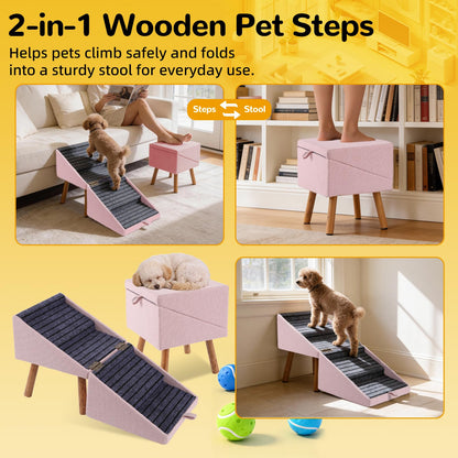 17.13" H Dog Stairs for Small Dogs, 2-in-1 Pet Steps & Ottoman - Foldable Dog Stairs for Couch, Non-Slip Wooden Pet Stairs for Puppy Senior Injured Dogs (Black)